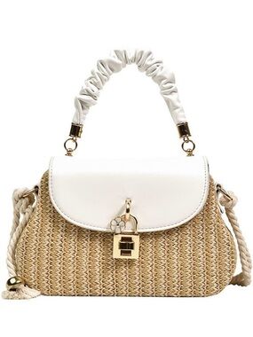 Woven Straw Crossbody Bag Leather Flap Top Handle